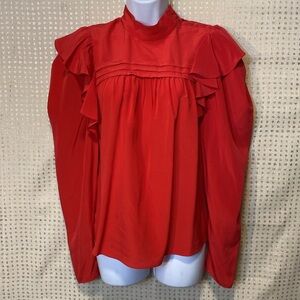 Ulla Johnson Red 100% Silk Blouse Mock Neck Cascading Ruffle Shoulder Details